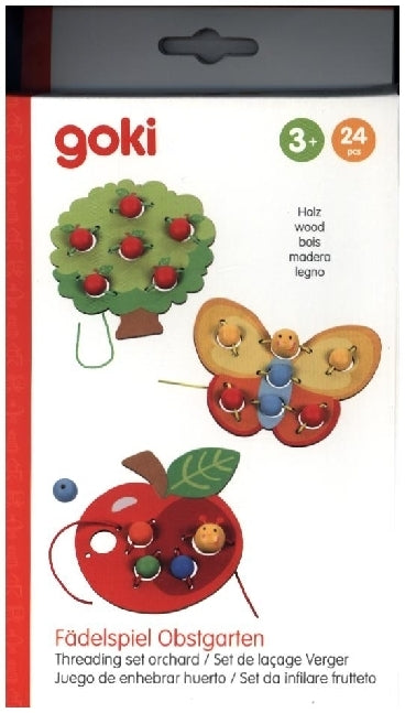 Fädelspiel Obstgarten, 3 Motive (Apfel, Baum, Schmetterling)