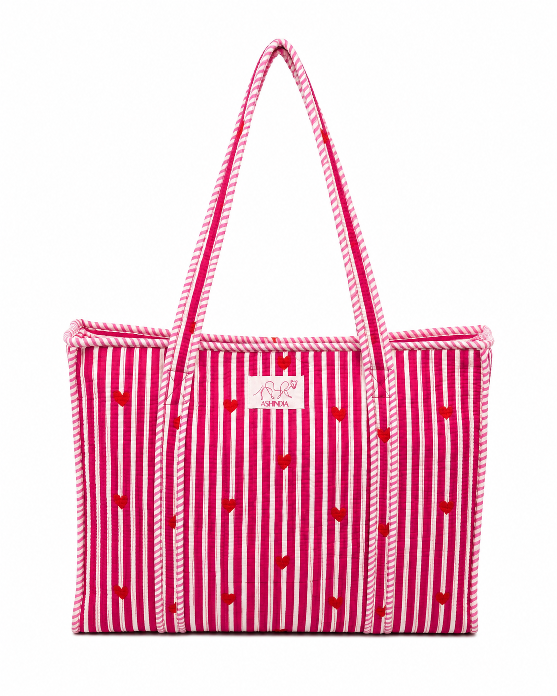 Tasche aus gesteppter Baumwolle - Pink/Weiß gestreift mit Herzen