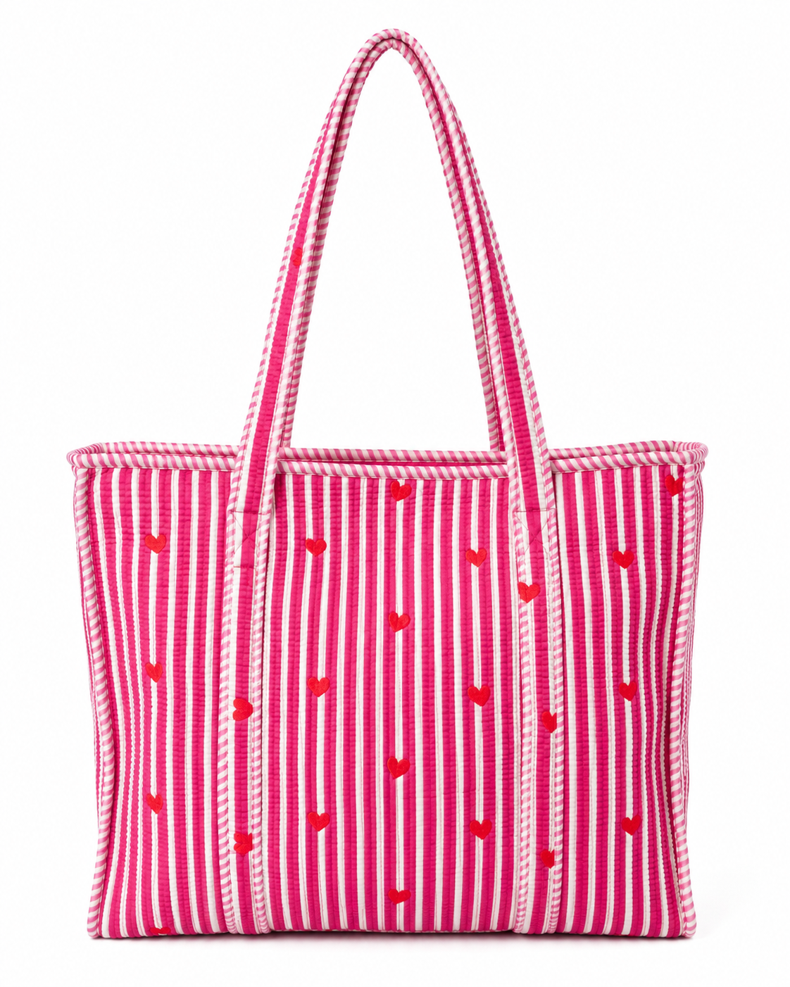 Tasche aus gesteppter Baumwolle - Pink/Weiß gestreift mit Herzen