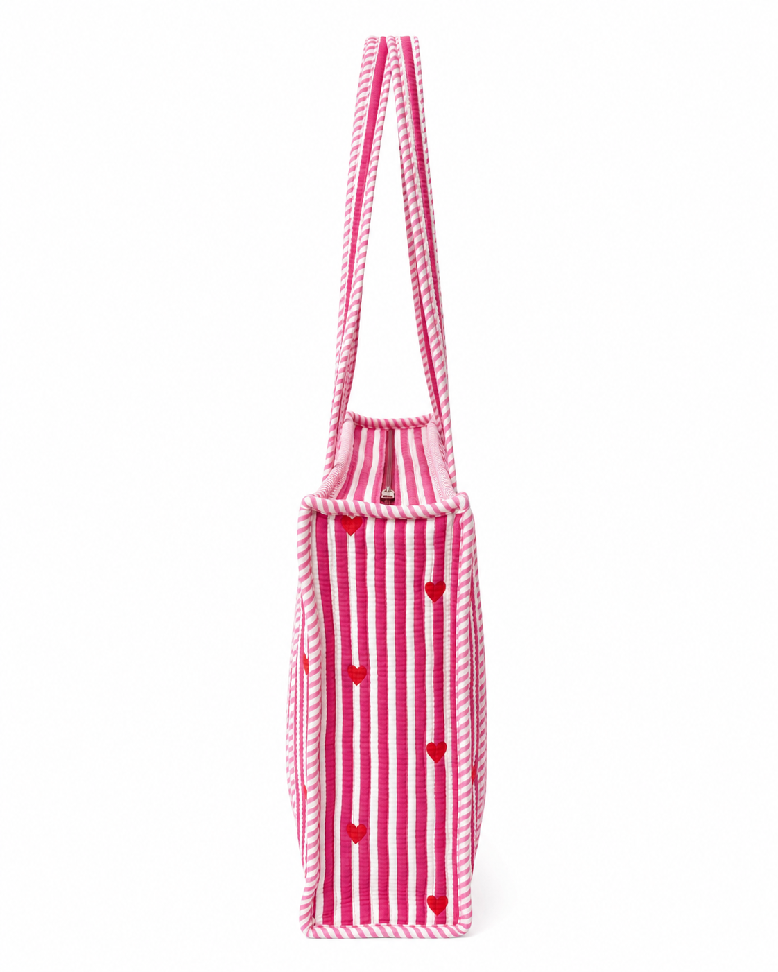 Tasche aus gesteppter Baumwolle - Pink/Weiß gestreift mit Herzen