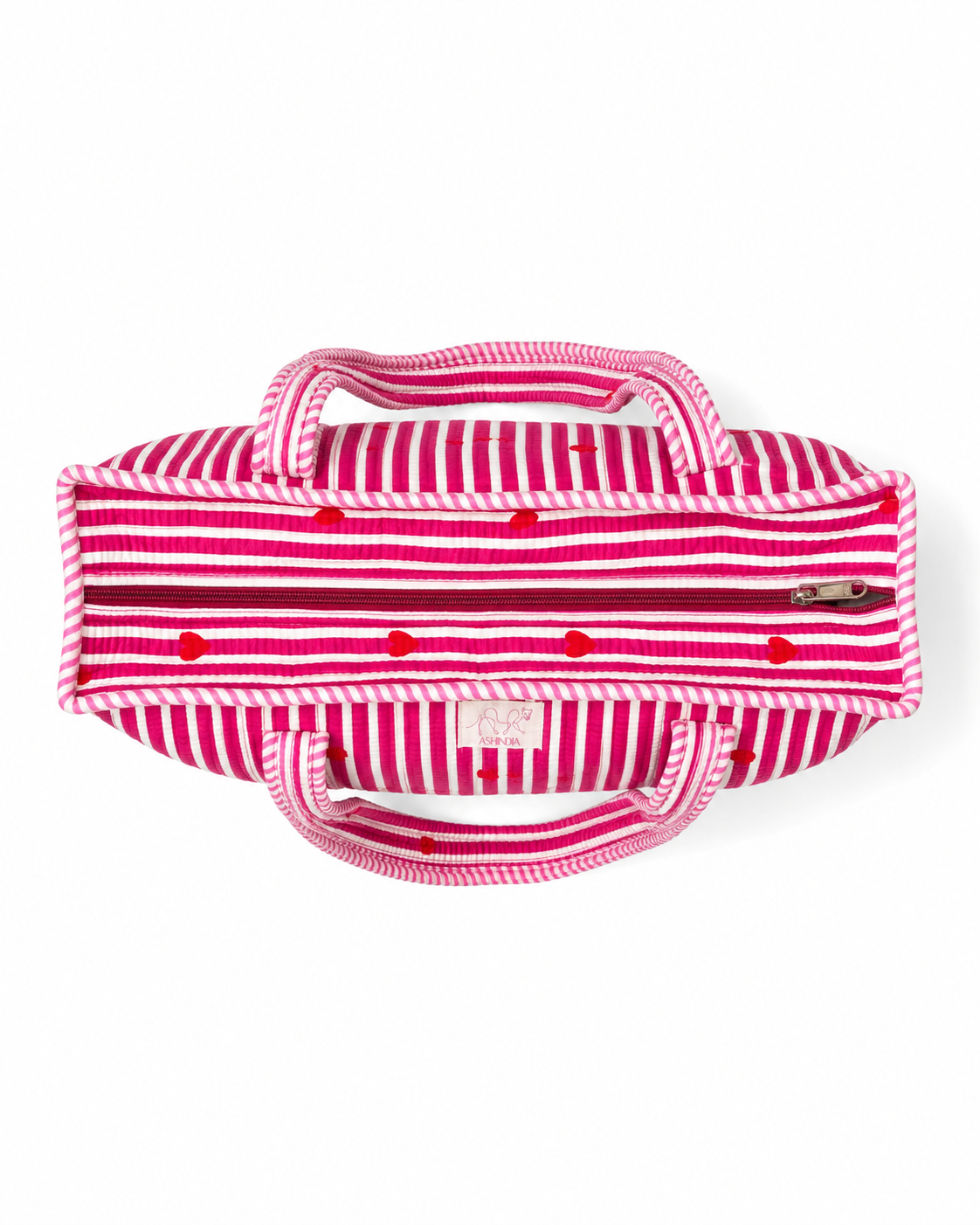 Tasche aus gesteppter Baumwolle - Pink/Weiß gestreift mit Herzen