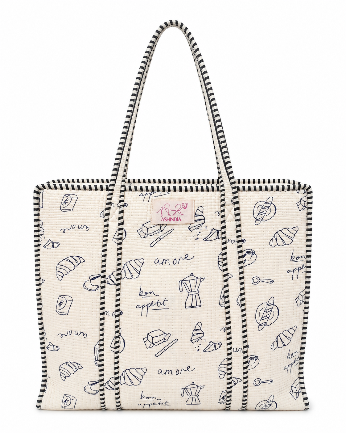 Tasche aus gesteppter Baumwolle - Weiß mit blauen Motiven
