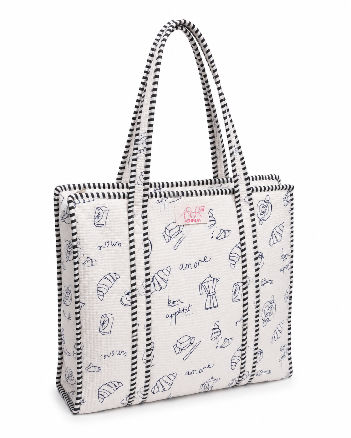 Tasche aus gesteppter Baumwolle - Weiß mit blauen Motiven