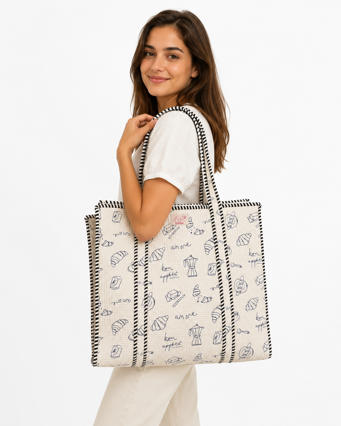 Tasche aus gesteppter Baumwolle - Weiß mit blauen Motiven