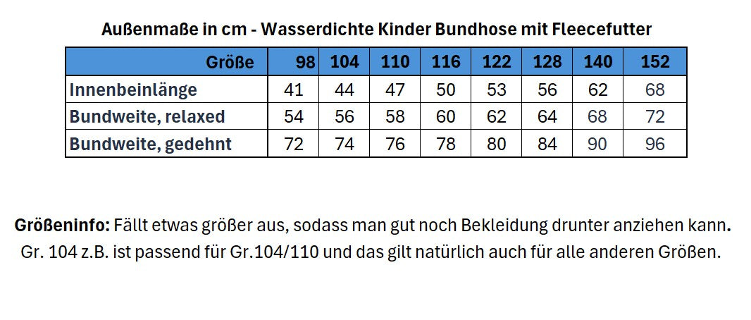 Größentabelle BMS Kinder Bundhose mit Fleecefutter